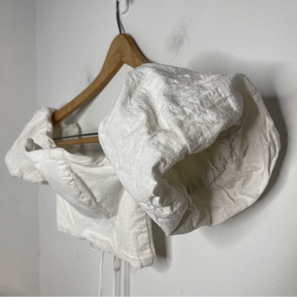 SEVEN Wonders Ivory Puff Sleeve Off Shoulder Cotton Tie Corset Crop Top Sz S - Picture 7 of 16